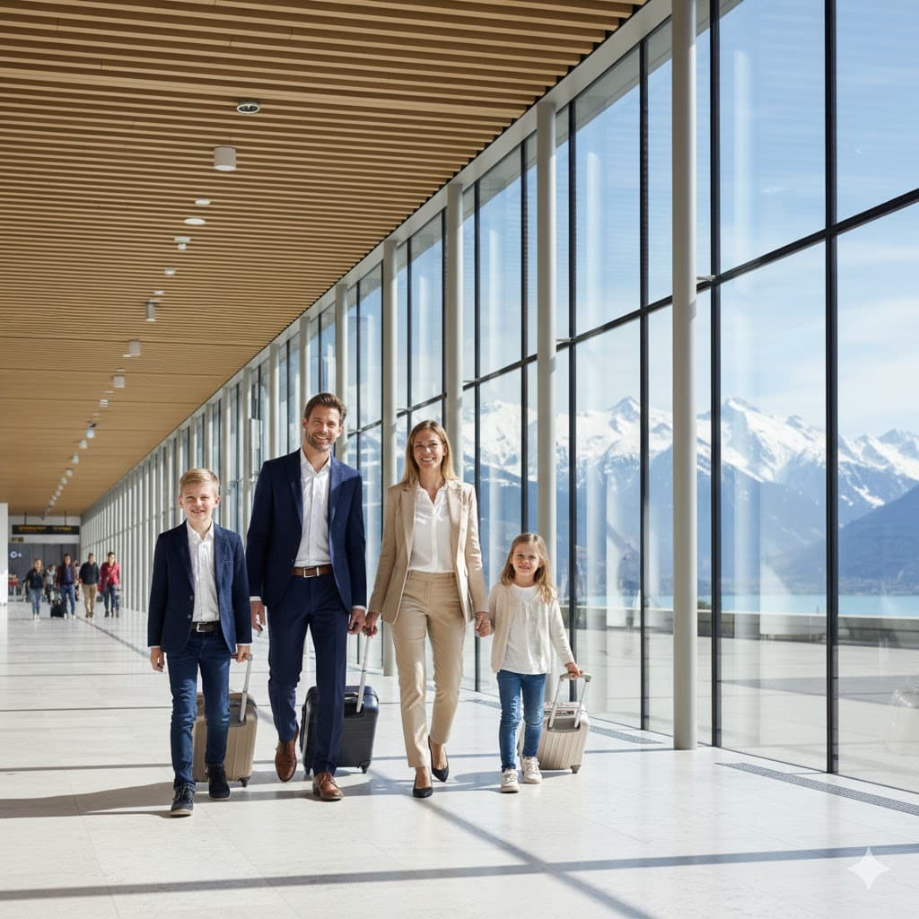 Family arriving at the airport with suitcases