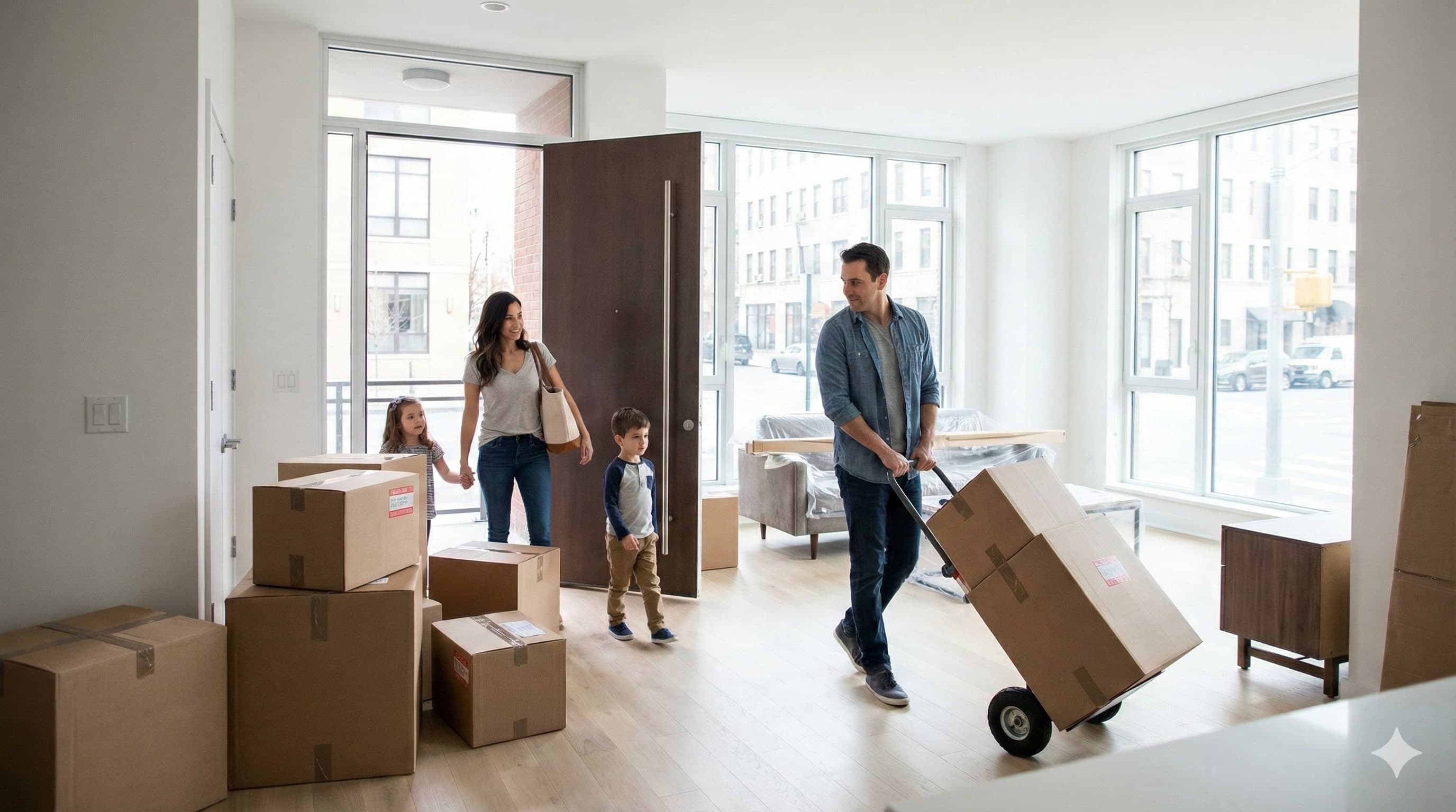 Couple leaving an apartment with moving boxes