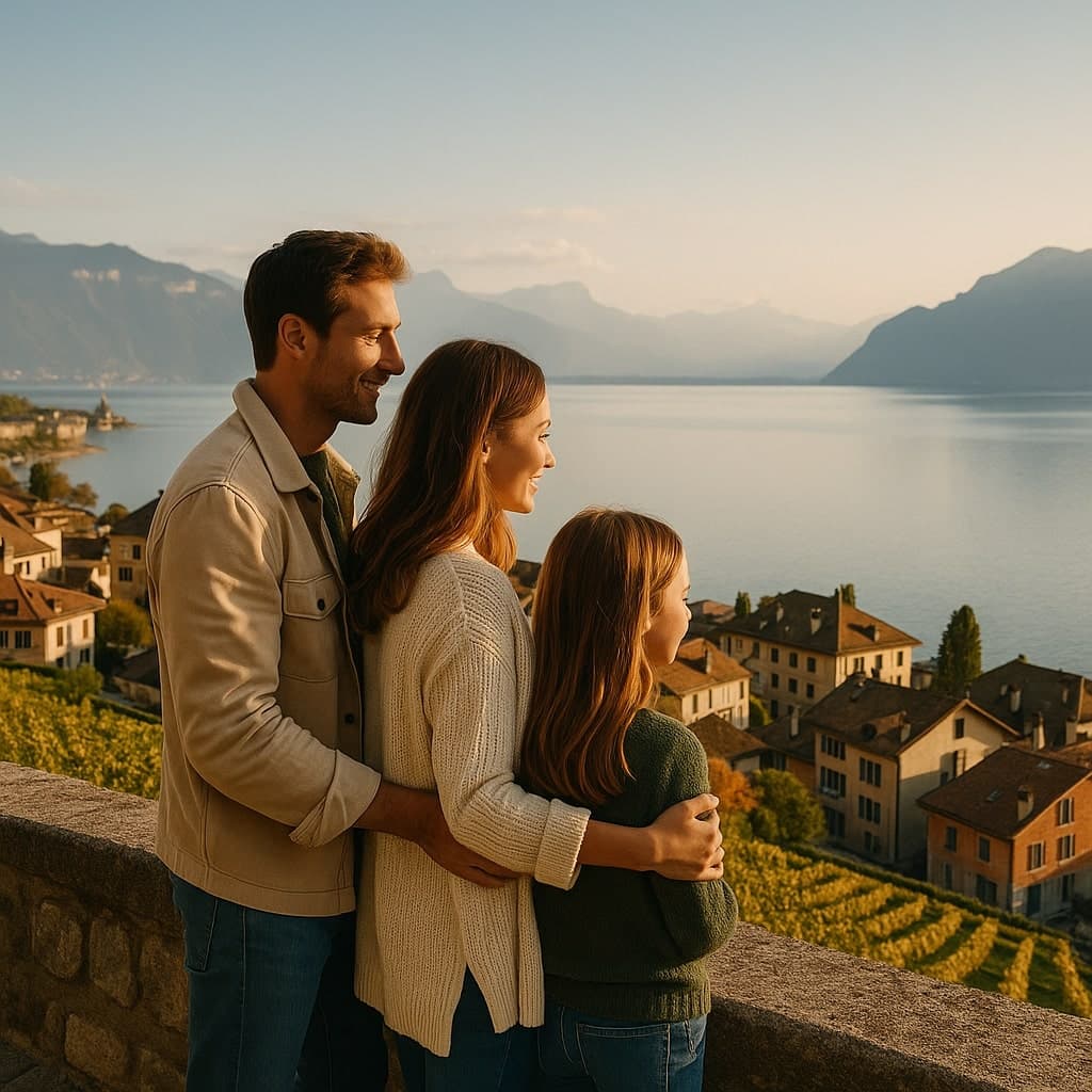 Family enjoying Swiss lifestyle overlooking a lake